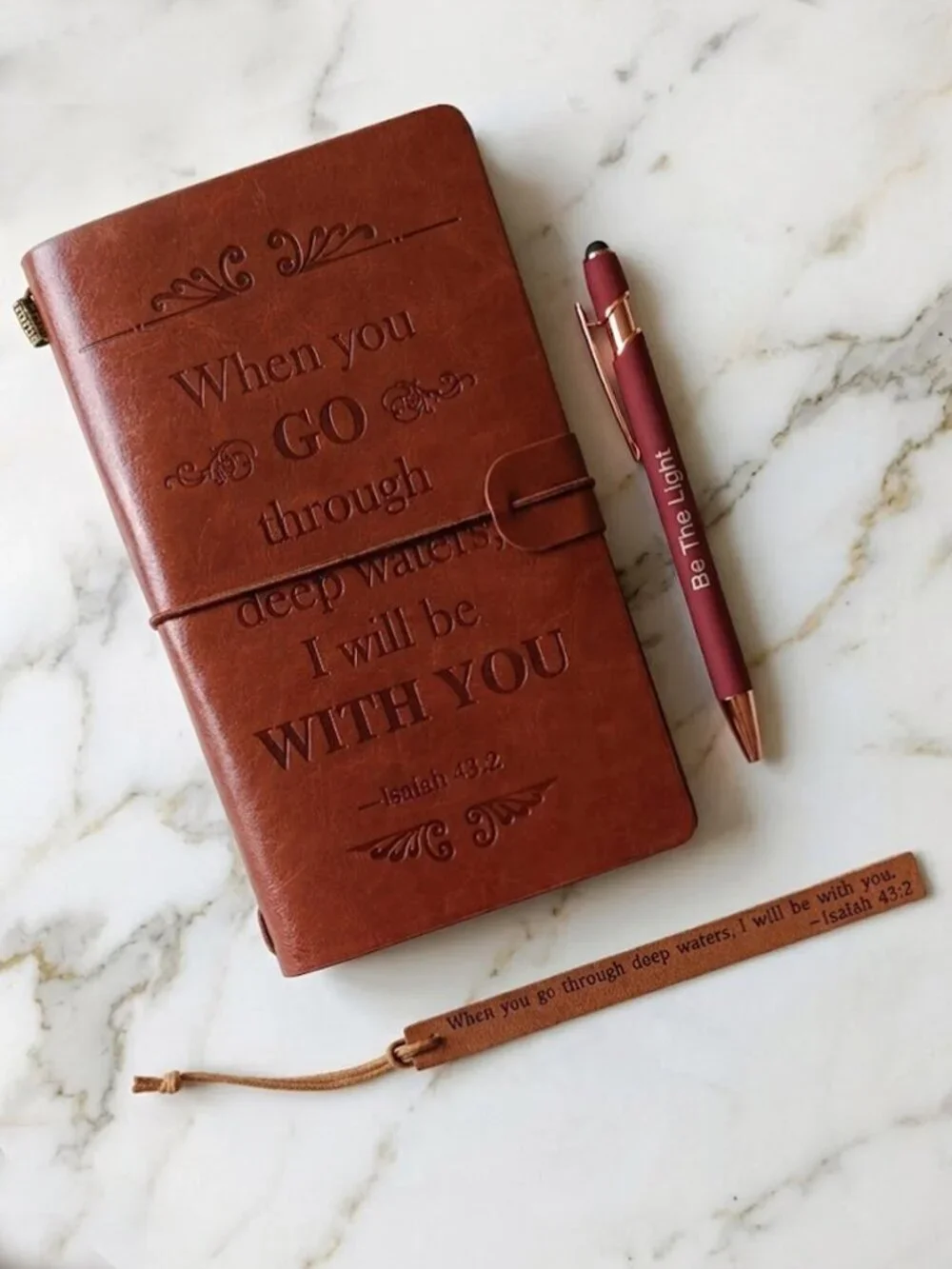 Brown Embossed Leather Journal with Pen Bookmark - Isiah 43:2